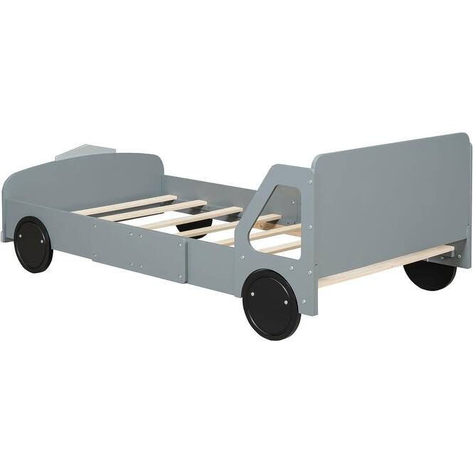 Twin/Full Car Bed for Kids, Car Shaped Platform Bed with Wheels, Headboard and Footboard, Toddler Car Bed Slat Support