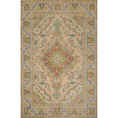Hand Knotted Oriental 100% Wool Carpet Traditional Floral Beige & Ivories Tabriz Area Rug - 9' 5'' X 6' 8''