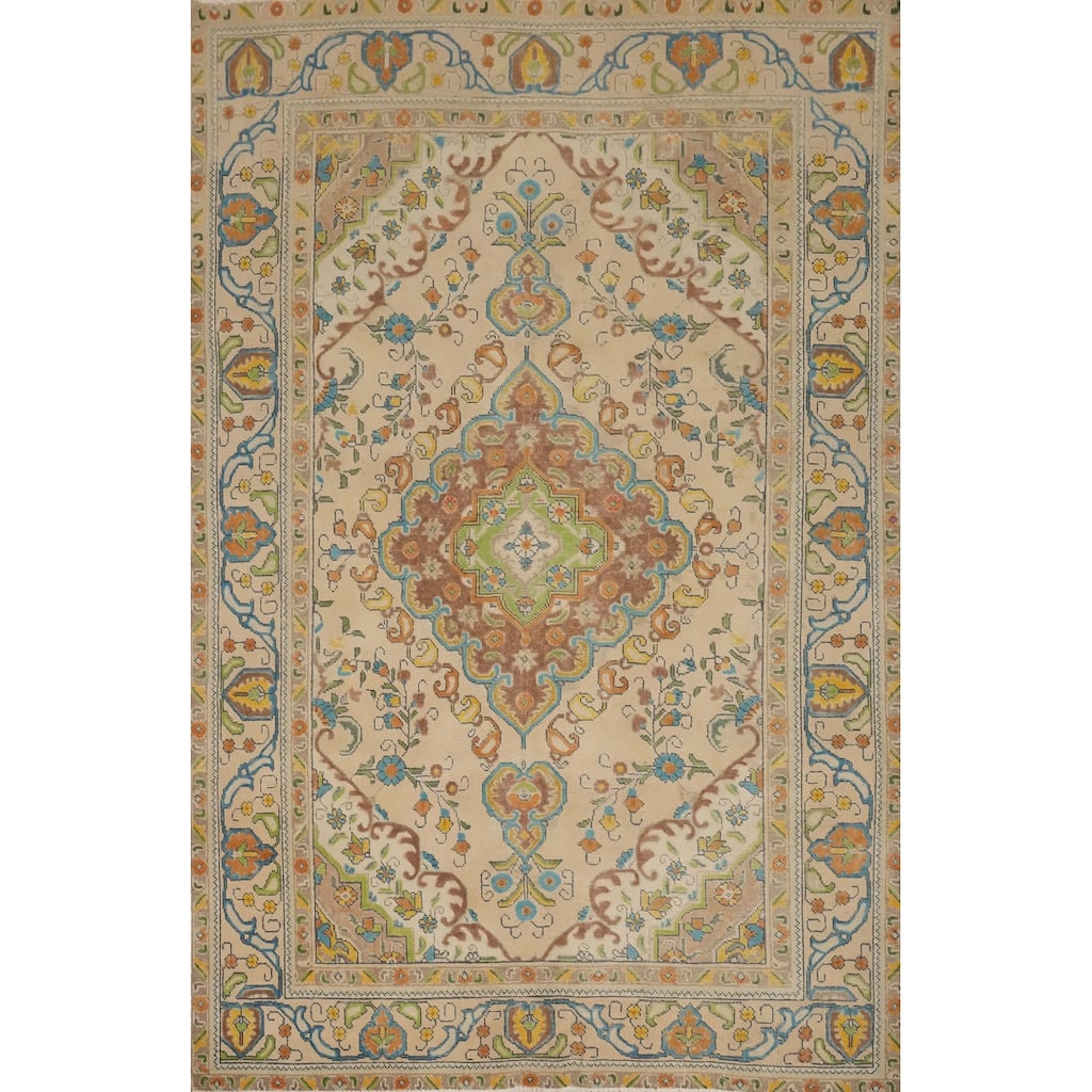 Hand Knotted Oriental 100% Wool Carpet Traditional Floral Beige & Ivories Tabriz Area Rug - 9' 5'' X 6' 8''