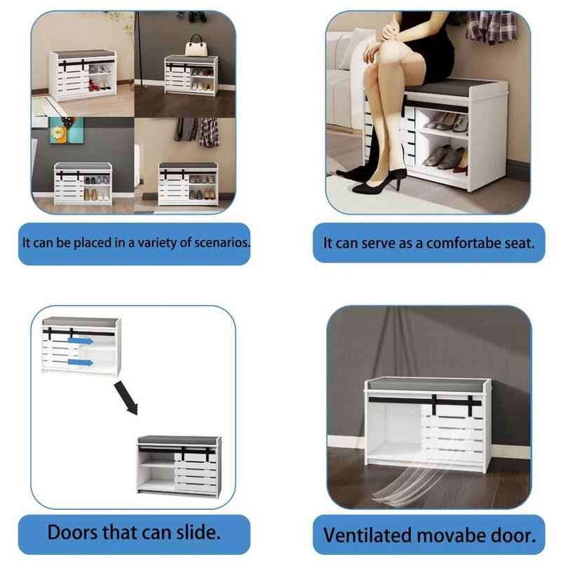 Modern Shoe Storage Bench, 2-Tier Entryway Bench with Sliding Barn Door & 2 Adjustable