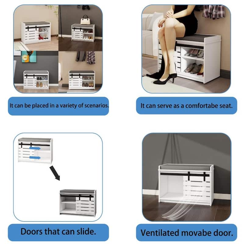 Shoe Storage Bench, 2-Tier Entryway Bench with Sliding Barn Door & 2 Adjustable Shelves & Full Soft Removable Seat Cushion