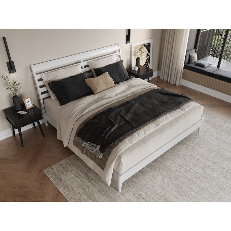 King Size Platform Bed - Solid Wood Low Profile Bed Frame - Rustic Recluse Design - White Finish