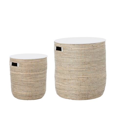 Beige Seagrass Tables with Storage & Wood Tops (Set of 2 Sizes)
