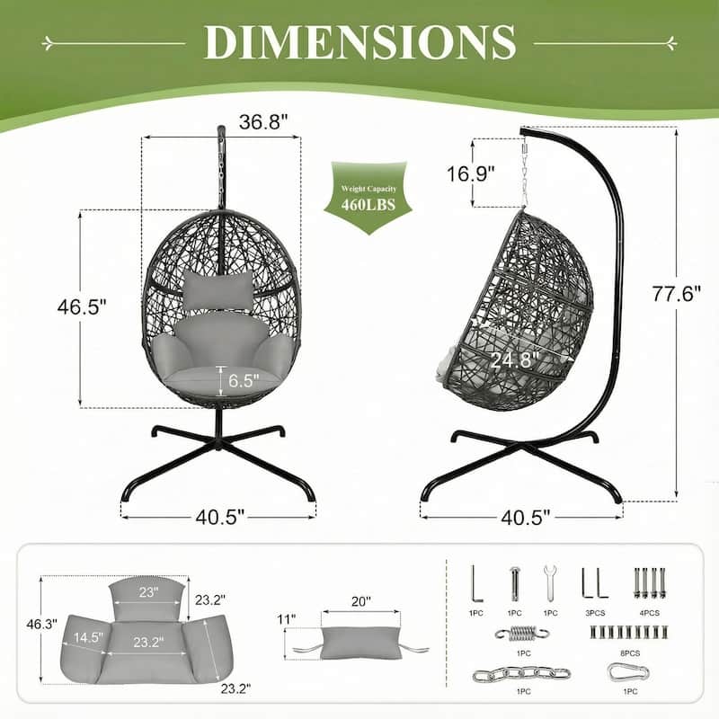 Oversized Egg Chair with Stand, 460 lbs Heavy-Duty Outdoor/Indoor Wicker Hanging Basket Chair