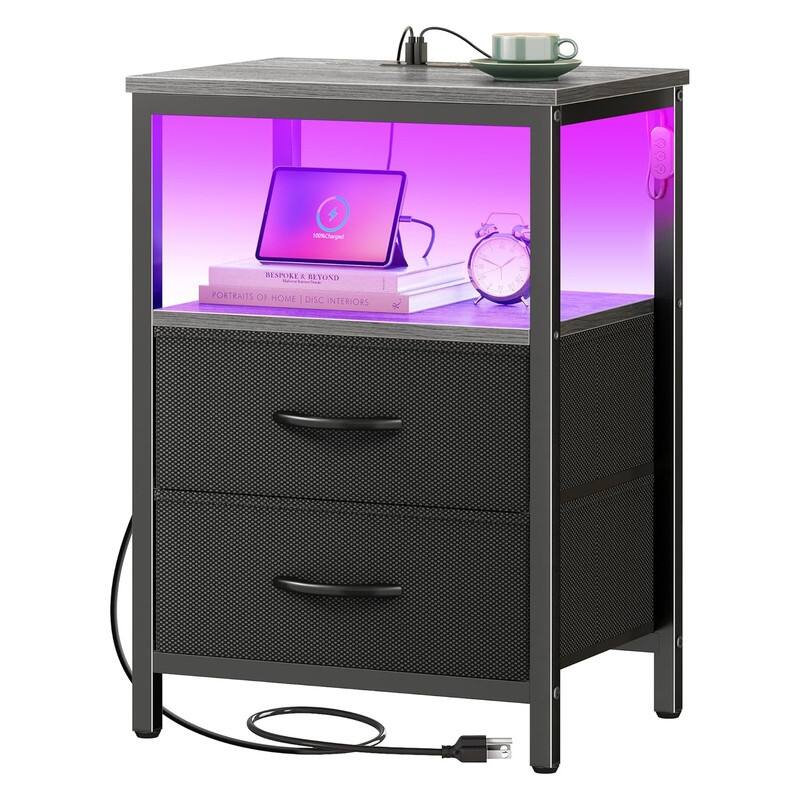 2 Drawer Night stand with Charger Station and LED Lights - Grey