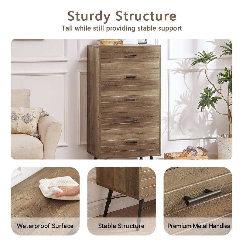 Stylish Spacious Dressing Drawer Storage Wardrobe with 5 Drawers, for Bedroom Hallway, Rustic Walnut