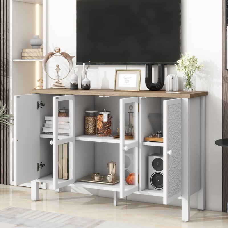 47.2'' Retro TV Stand with Adjustable Shelves, Entertainment Center Media Console with Glass Cabinet Doors & Anti-tip Device