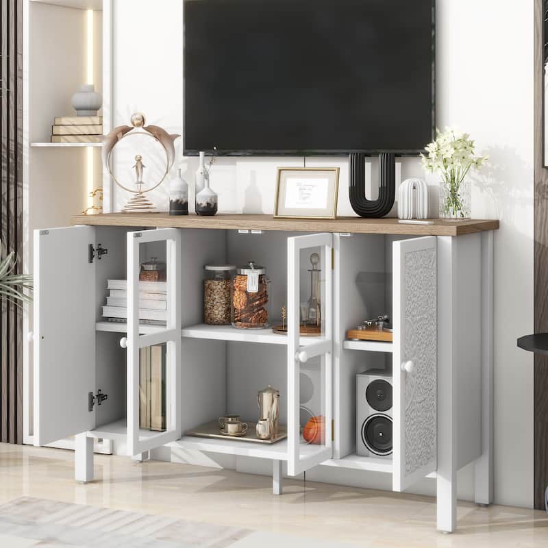 TV Stand with Glass Cabinet Doors, Entertainment Center with Adjustable Shelves, Media Console with Rectangular Legs