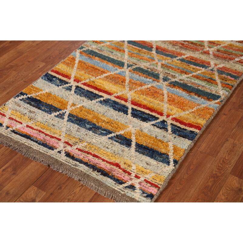 Striped Moroccan Oriental Runner Rug Handmade Wool Carpet - 3'0" x 10'2"