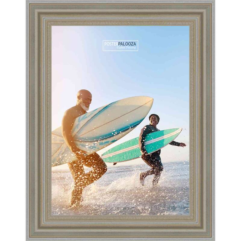 40x27 Traditional Silver Wood Picture Frame with UV Acrylic, Foam Board