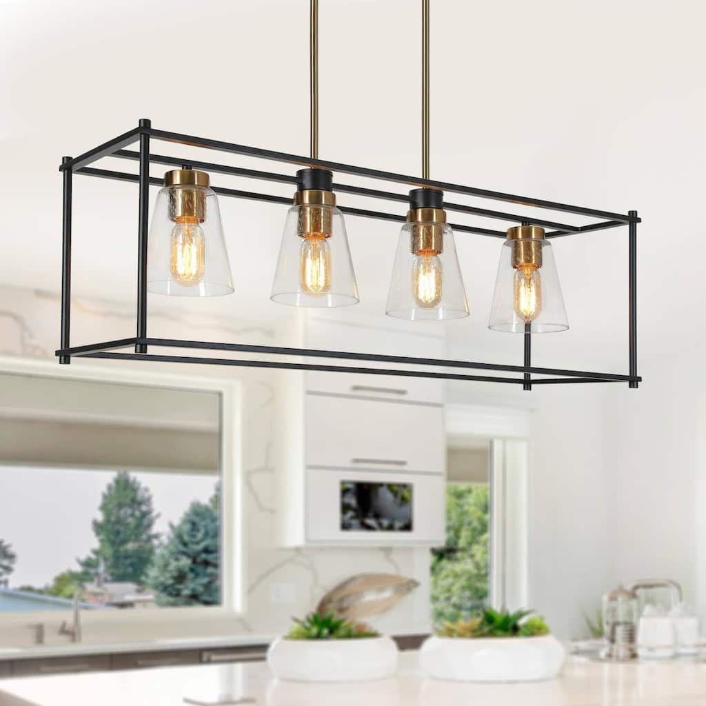 Torin Modern Farmhouse 4-Light Black Gold Rectangle Chandelier Glass Island Pendant Lights for Dining Room