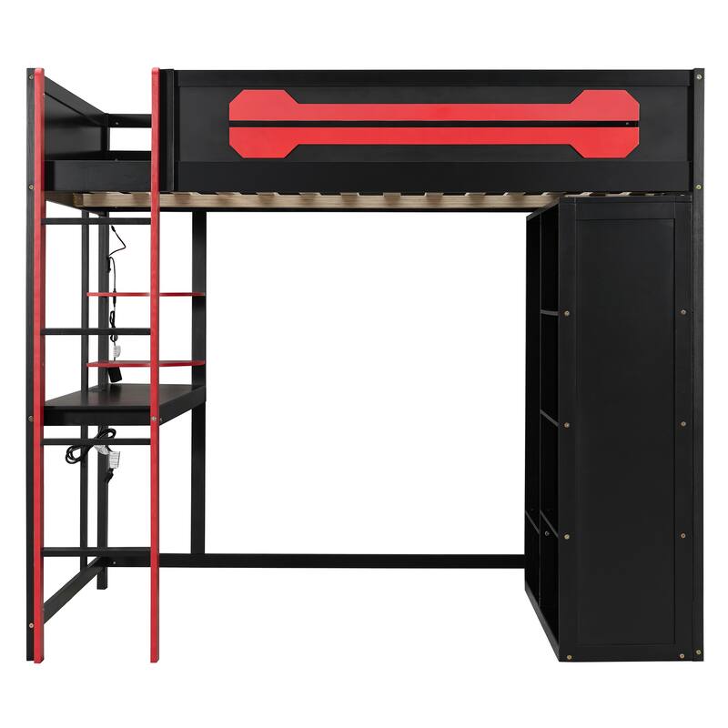 Roomfitters Full Gaming Loft Bed with Desk, Open Wardrobe, RGB LED and USB Ports, Space Saving Sleeper