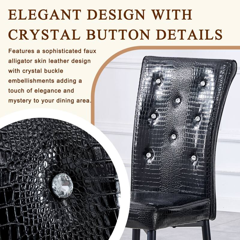 A set of 2 vintage crocodile leather cushioned dining chairs, featuring crystal clasp design and artificial leather design