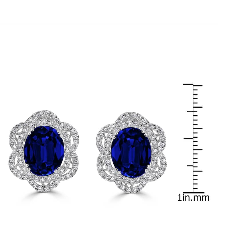 Auriya Vintage Inspired 6 9/10ct Blue Sapphire Oval and 5/8ct Diamond Halo Stud Earrings 18k Gold