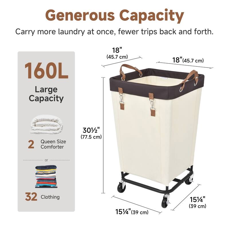 160L Laundry Hamper With Wheels, Large Clothes Laundry Basket With Steel Frame for Home, Closet, Dorm, Bathroom, Laundry Room