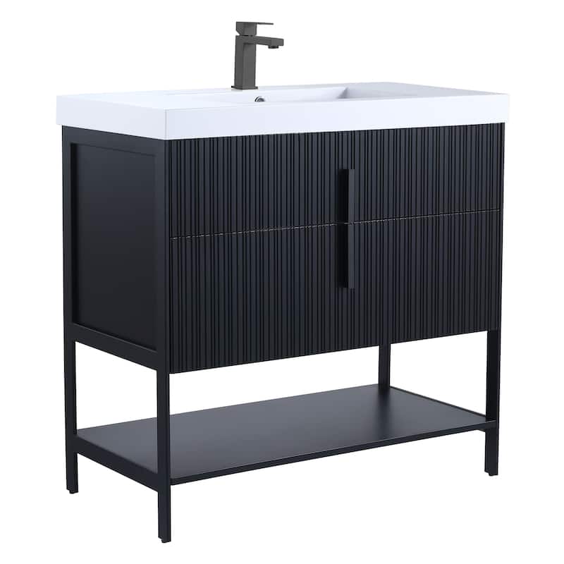 Fine Fixtures Serenity Modern Bathroom Vanity with White Gel Acrylic Top - Black Matte - Black Hardware - 36 inch