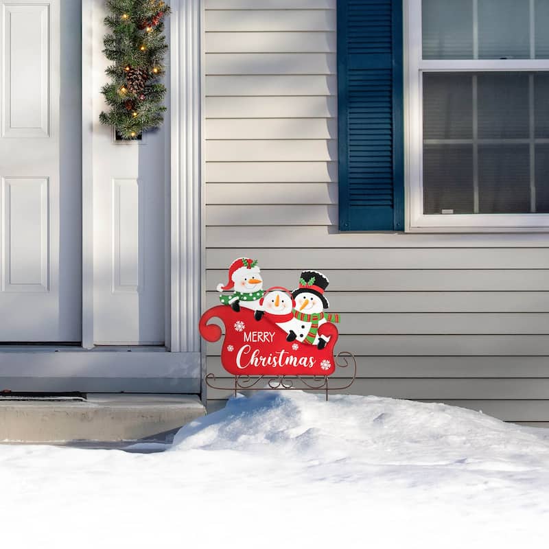 Glitzhome Metal Christmas Snowman Family Nutcracker JOY Yard Stakes Wall Decor