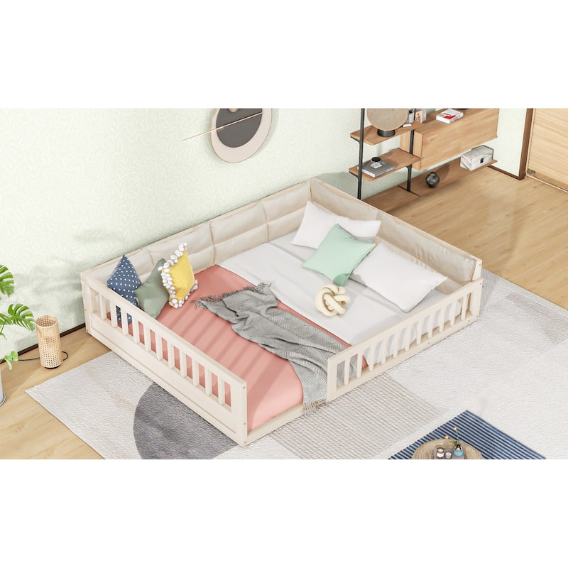 Full Size Upholstered Platform Bed with Guardrail and Pillow, Wood Montessori Floor Bed Daybed for Kids Boys Girls
