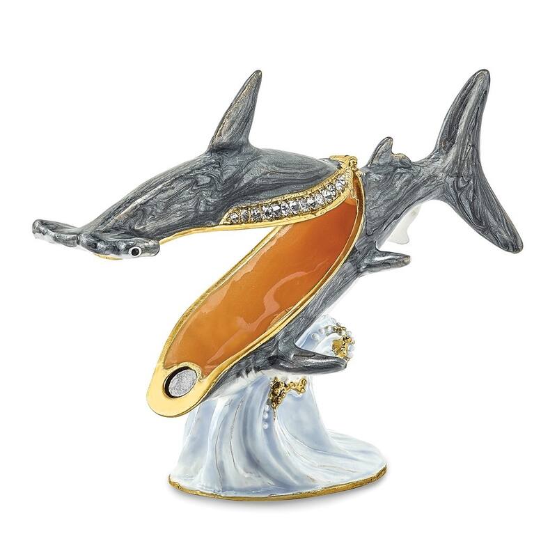 Curata Pewter Crystals Gold-Tone Enameled Clobber Hammerhead Shark Trinket Box on 18 Inch Necklace