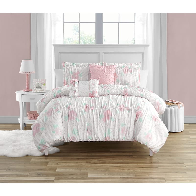 Tabitha Smocked Floral Ultra-soft Microfiber Comforter Set with Soft Pillows - Pink - 4 Piece - Twin