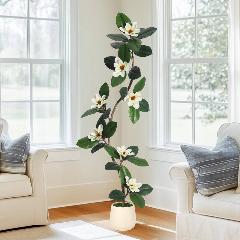 Artificial Faux Rubber Tree with Magnolia Flowers for Home Decor - 5 ft