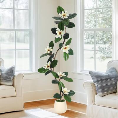 Artificial Faux Rubber Tree with Magnolia Flowers for Home Decor