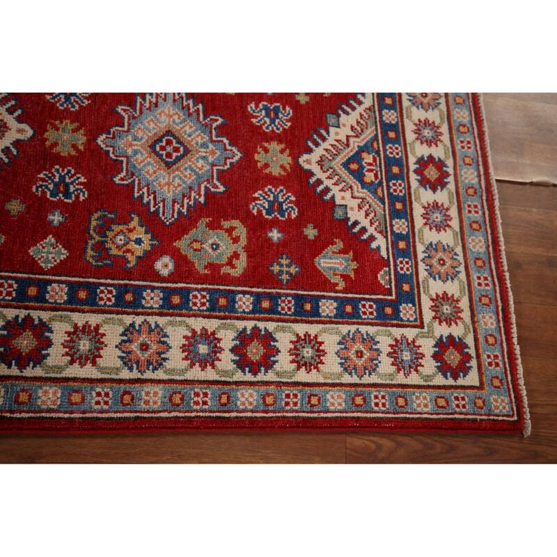 Red Geometric Kazak Runner Rug Hand-Knotted Wool Carpet - 2'7" x 9'8"