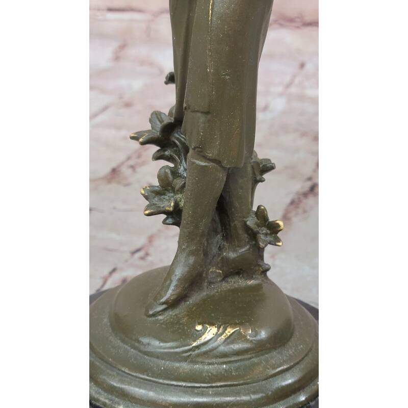 Elegant Art Deco Lady With Hat Bronze Sculpture On Marble Base