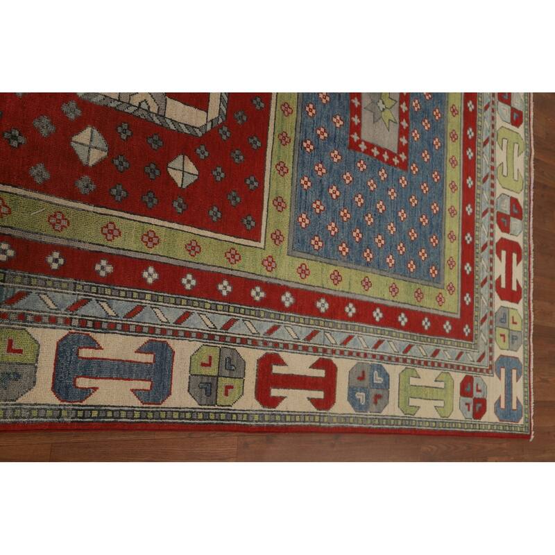Geometric Kazak Area Rug Hand-Knotted Multi-Color Wool Carpet - 5'11" x 9'2"