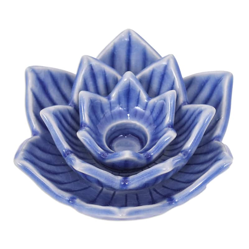 Novica Handmade Lotus Flower In Blue Celadon Ceramic Candle Holder