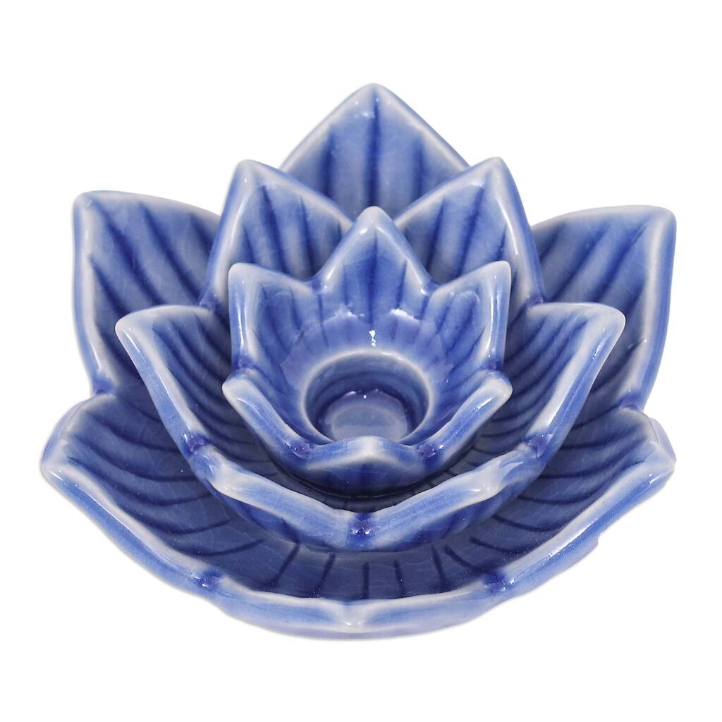 Novica Handmade Lotus Flower In Blue Celadon Ceramic Candle Holder