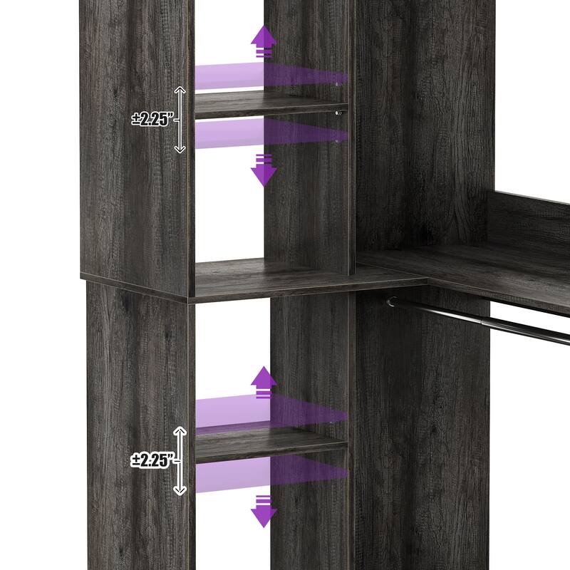 Qvella 36" Corner Closet System with 2 Hanging Rods and Hutches, Freestanding Corner Wardrobe Rack with Adjustable Shelves