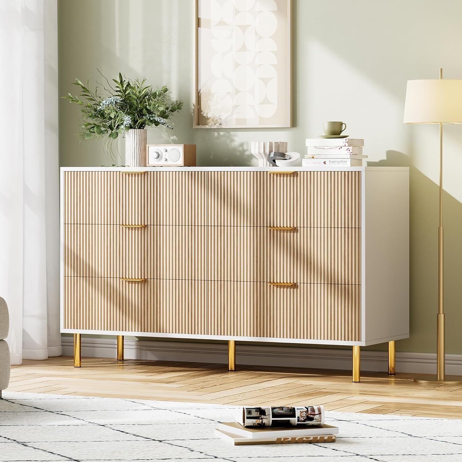 Modern 6 Drawer Dresser for Bedroom, Wood Double Chest of Drawers with Gold Handles and Large Storage Drawers