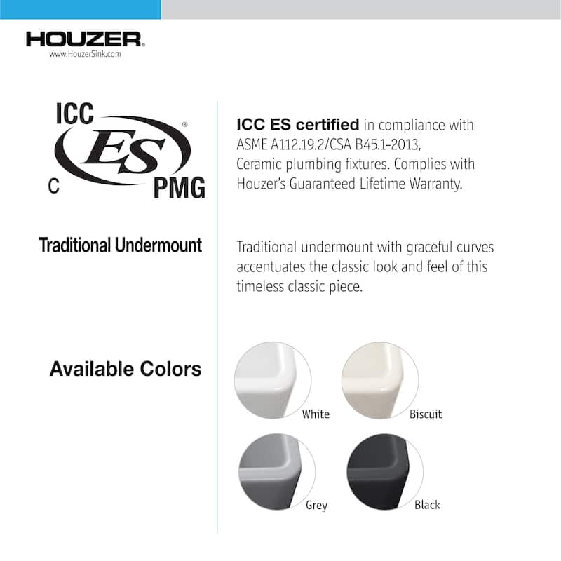 Houzer PTU-2800 Platus 25-1/2" Undermount Single Basin Fireclay