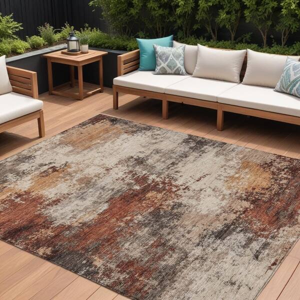 10' X 14' Rust And Beige Abstract Washable Indoor Outdoor Area Rug - 9 ...