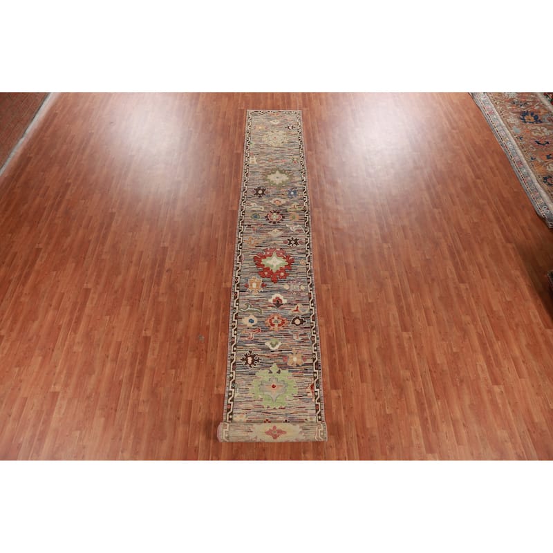 Handmade Vegetable Dye Oushak Turkish Runner Rug Floral Wool Carpet - 2'6" x 19'11"