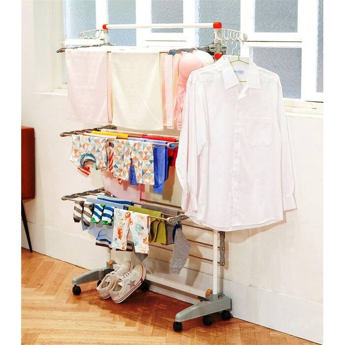 Foldable Rolling 3-Tier Drying Rack - Stainless Steel