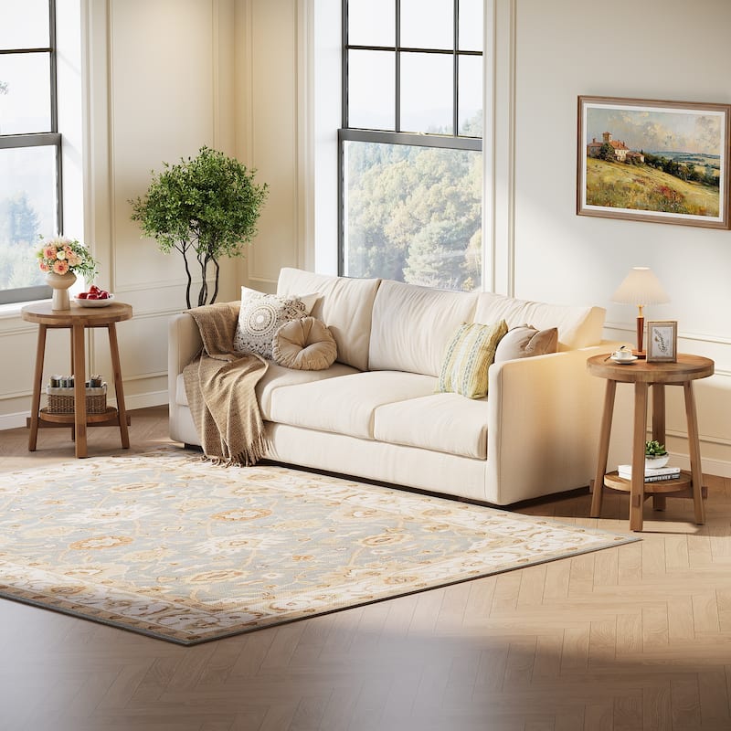 Round Side Table, Solid Wood 2 Tier End Table for Living Room