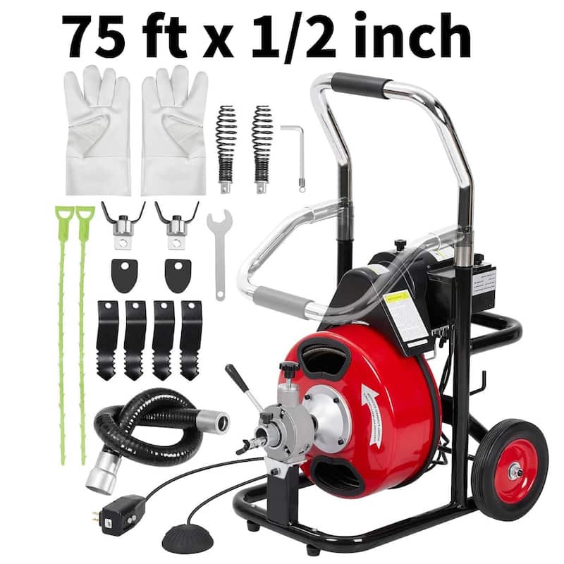 75FT 1/2 Inch Electric Drain Cleaner Machine for Sink, Toilet & Sewer - Red