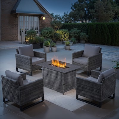 4 Pieces Patio Chair with Fire Table Grey-Grey - Grey