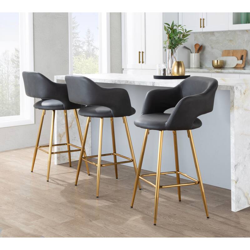 Porch & Den Vallen 26" Fixed-Height Faux Leather Counter Stool with Metal Legs & Square Footrest (Set of 2)