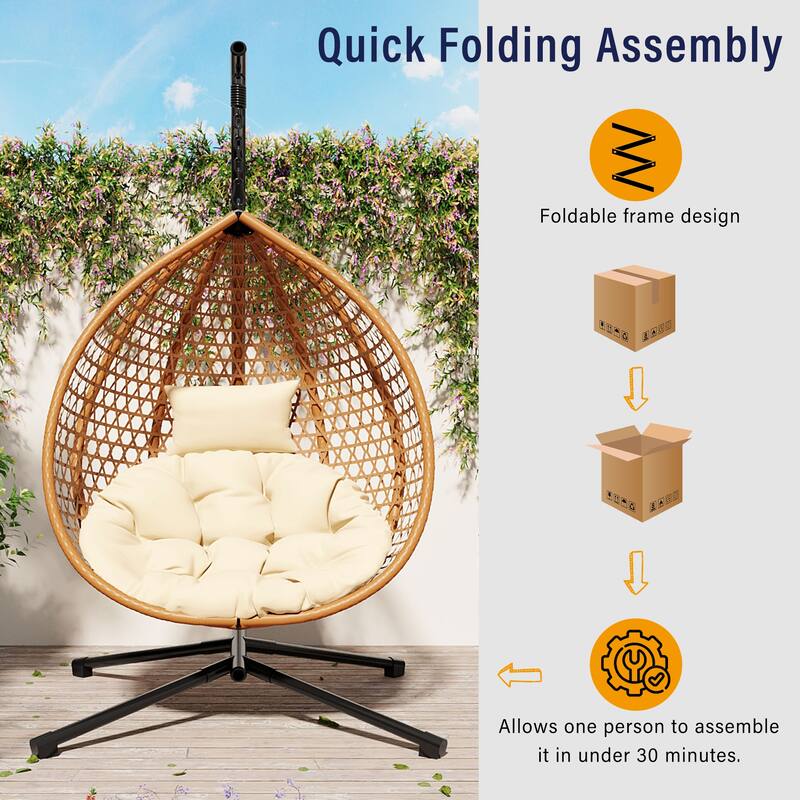 Sturdy Hammock Chair with Stand, Rattan Hanging Egg Chair with Soft Removable Cushion Swing Chairs for Balcony