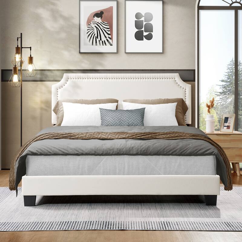Linen Upholstered Platform Bed with Nailhead Trim Headboard, Slatted Base Design Bed Frame