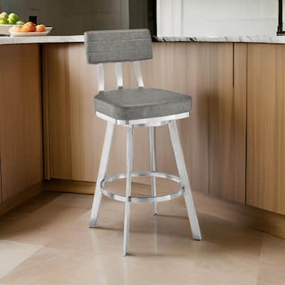 Poni 30 Inch Swivel Barstool Chair, Cushioned Seating, Gray Faux Leather