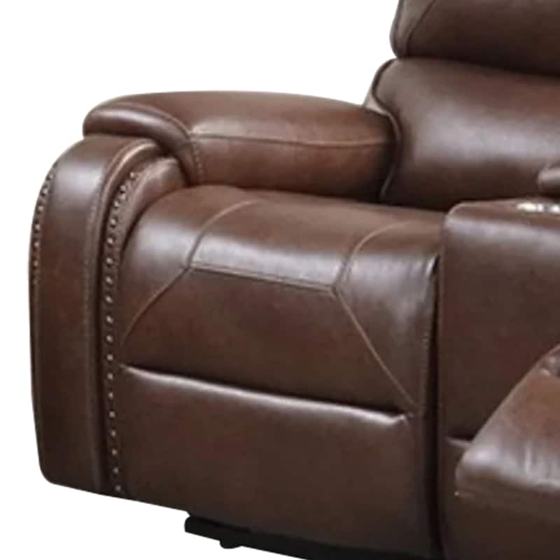 Teli Manual Recliner Loveseat with Console and USB Port, Dark Brown Faux Leather
