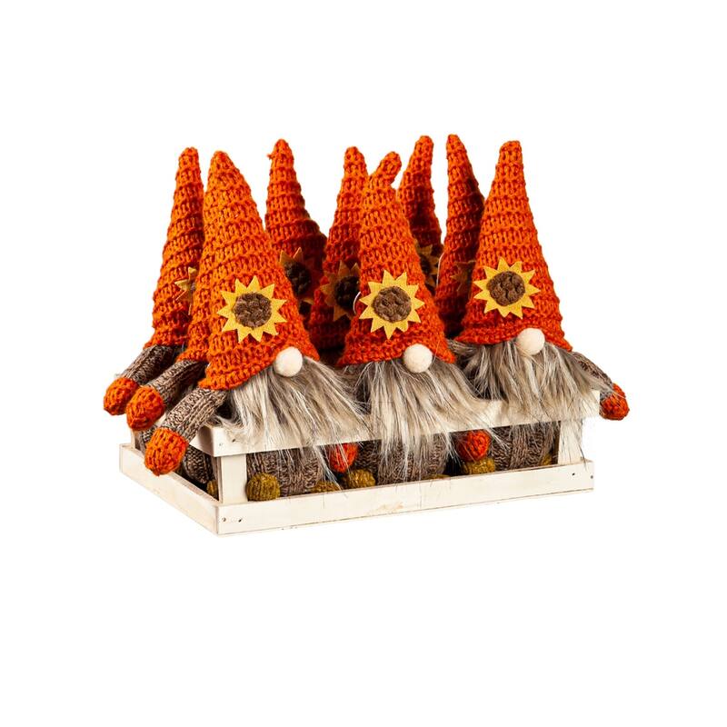 Fabric Fall Gnome with Knit Sunflower Hat Hanging Decor in 9 Piece Wood Tray