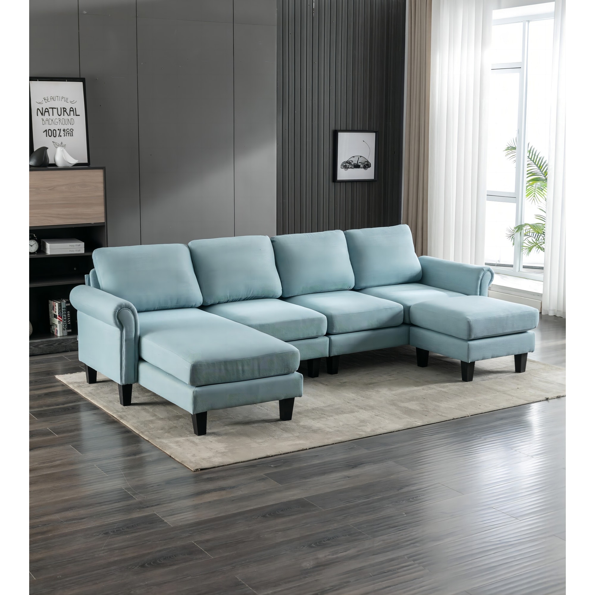 L Shape Accent Sectional Sofa with Reversible Ottoman Light Blue