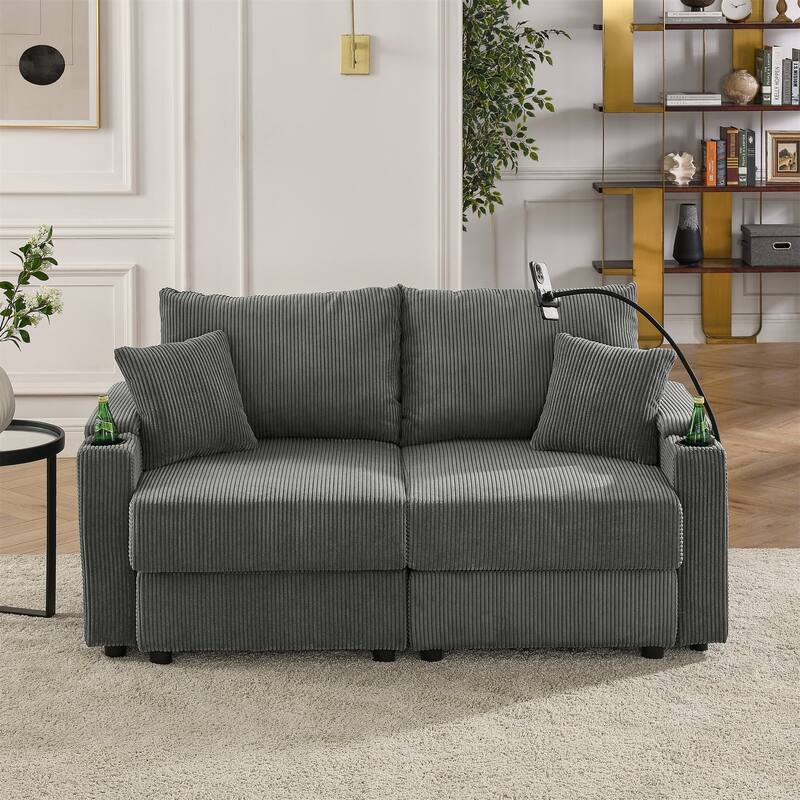 73" Corduroy 2-Seater Sofa with Deep Seat, Cup & Phone Holders - Grey