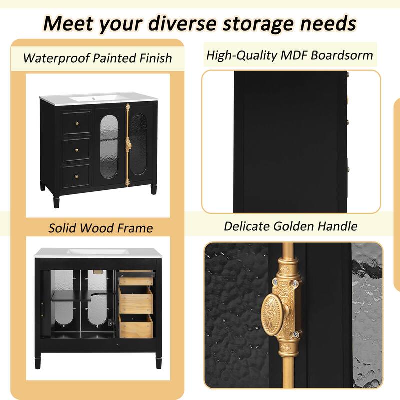 36-inch Bathroom Vanity with 2 Soft Close Doors, Solid Wood Frame Modern Bathroom Storage Cabinet with 3 Drawers