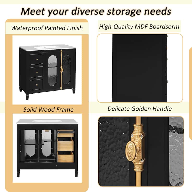 Roomfitters 36 Inch Bathroom Vanity with Sink, Freestanding Vanity Cabinet with Hammered Glass Doors and Storage Drawers, Black